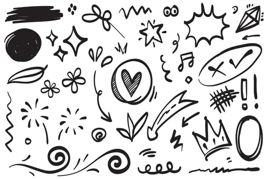 Abstract arrows, ribbons, fireworks, hearts, lightning,love , leaf, stars, cone, crowns and other elements in a hand drawn style for concept designs. Scribble illustration. vector
