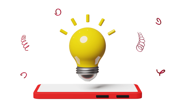 mobile phone or red smartphone with yellow light bulb isolated. idea tip concept, minimal abstract, 3d illustration or 3d render png