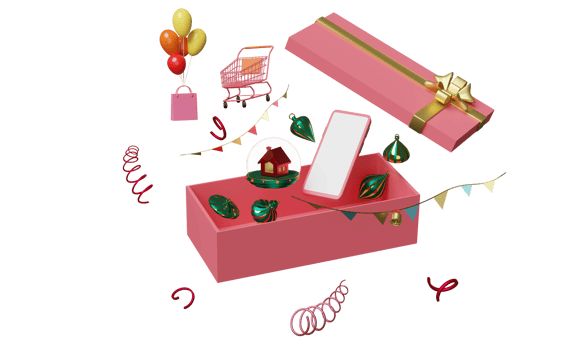 mobile phone or smartphone with pink open gift box, paper bags, balloon, shopping cart, ornaments isolated. online shopping, website, banner, festive new year, 3d illustration or 3d render png