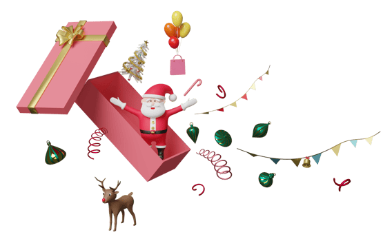 Santa claus in pink open gift box, christmas tree, reindeer, paper bags, balloon isolated. website, poster or Happiness cards, festive New Year concept, 3d illustration, 3d render png