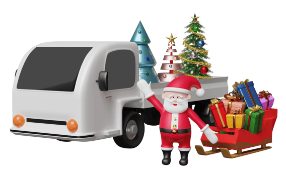 santa claus with sleigh, gift box, christmas tree, truck isolated. website or poster or Happiness cards, banner and festive New Year, order tracking concept, 3d illustration or 3d render png