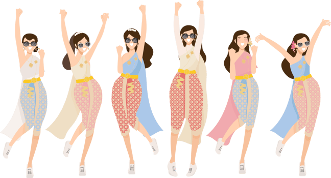 happy woman in Thai traditional songkran water festival party dance flat style png