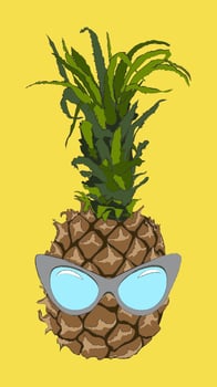 Hipster pineapple in ultimate grey colored sunglasses on an illuminating yellow background. Summer concept - stylish vacation, juicy exotic and tropical fruit. Sunny bright stock vector illustration.