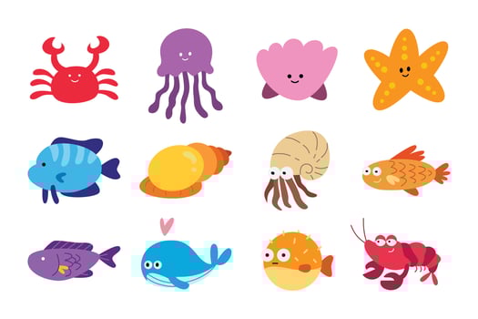 Set of ocean fish in fun and cute character design. Animal illustration for kids vector