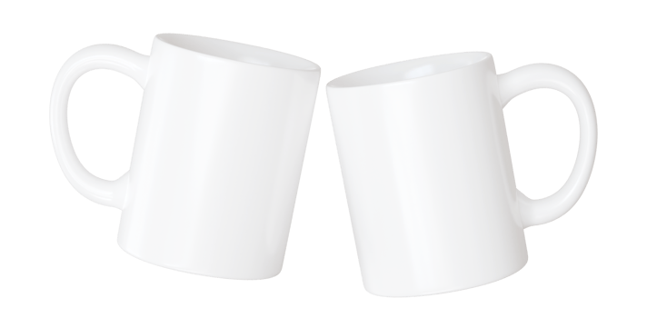 3d render two white coffee mug mockup. Sublimation design or logo presentation on a blank ceramic cup without drink png