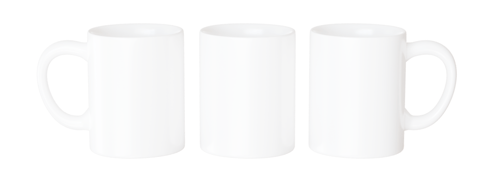 Three mug mockup for full wrap sublmation presentation. Blank tea cup for branding or advertising in a cafe. All sides view template on a 3d render png