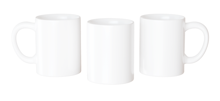 Three tea cup mockup for corporate logo or branding design presentation. 3d render with clean white mugs 3 sides with handles png