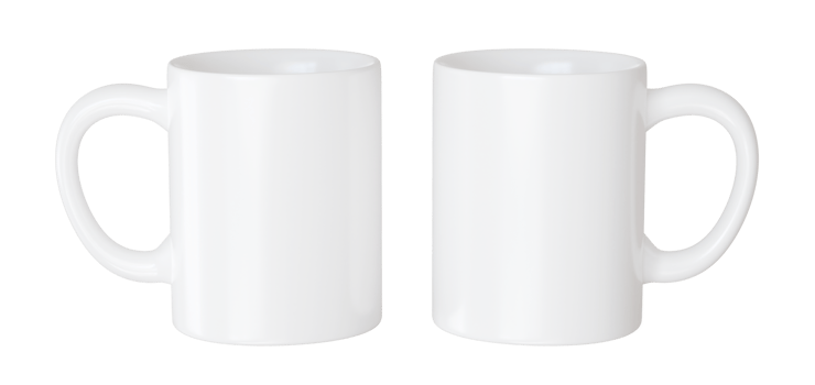 Two blank coffee mug isolated. 3d render mockup for sublimation design presentation. White office cup for advertising png