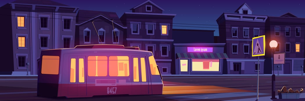 City street with houses and tram at night vector