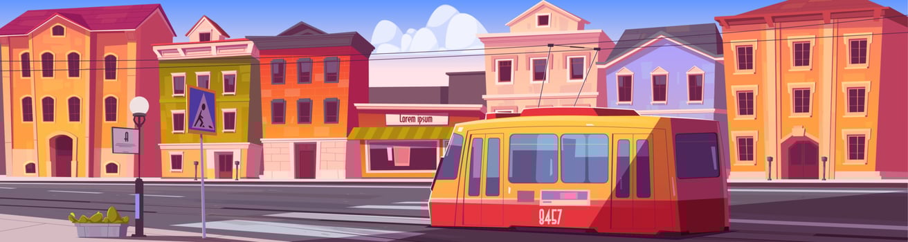 City street with houses, tram and empty car road vector