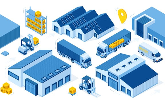 Isometric warehouse, truck, forklift and boxes vector