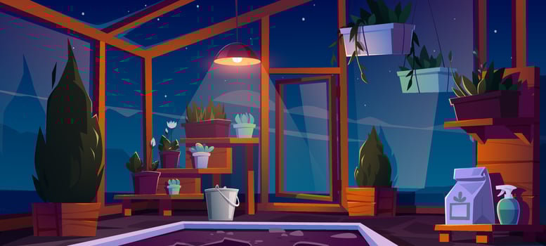 Glass greenhouse interior at night vector