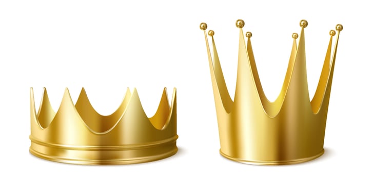 Golden crowns for king or queen crowning headdress vector