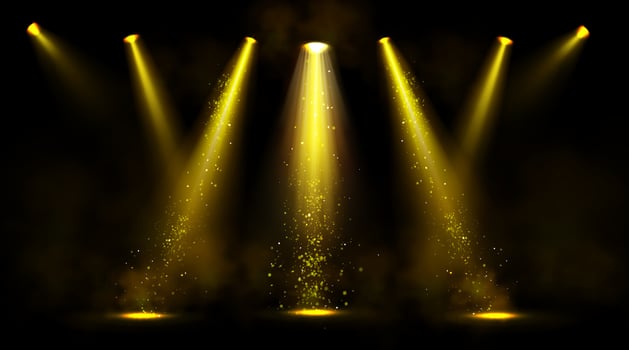 Stage lights, gold spotlight beams with sparkles vector