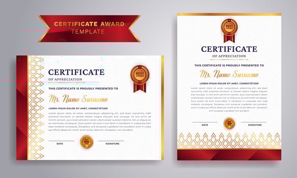 Red and gold certificate of appreciation border template with luxury badge and modern line pattern. For award, business, and education needs. vector