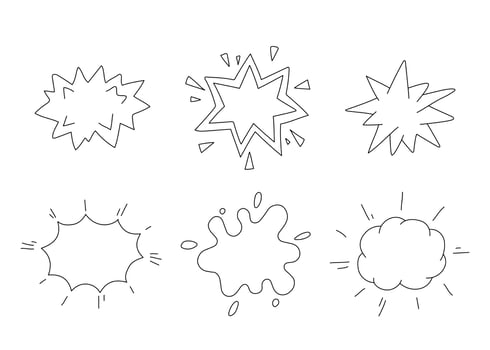 Explosion of cloud, splash blot, sketch line set. Hand drawn element burst, speech bubble. Collection outline doodle. Vector illustration
