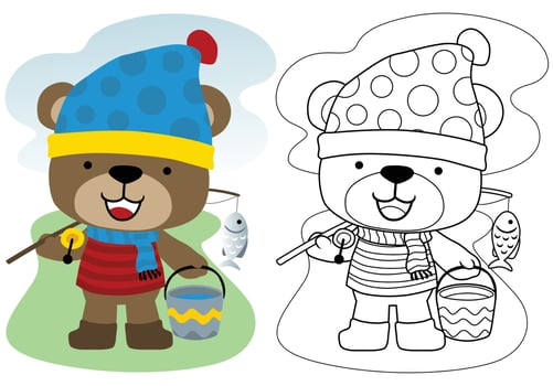 Little bear cartoon with fishing tackle, coloring book or page vector