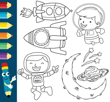 Vector illustration of space elements, funny astronaut with spacecraft and planets, coloring book or page