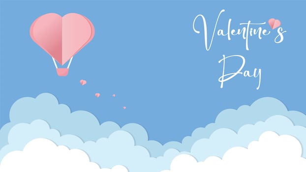 Vector love postcard for Valentine's Day with with heart shaped balloon and flying hearts, paper cut clouds and blue background