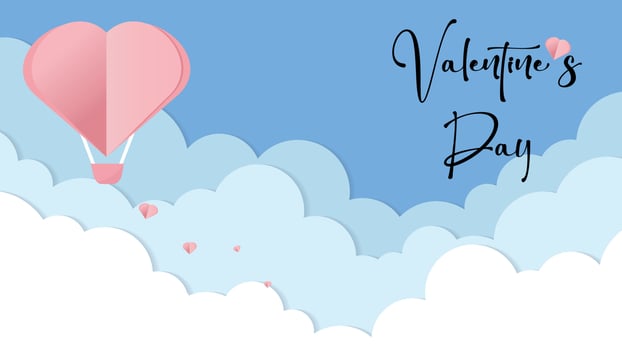 Vector love postcard for Valentine's Day with with heart shaped balloon and flying hearts, paper cut clouds and blue background