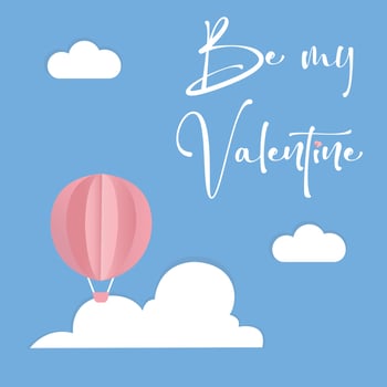 Vector love postcard for Valentine's Day with pink Balloon, paper clouds and blue background