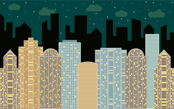 Night urban landscape. Street view with cityscape, skyscrapers and modern buildings at sunny day. City space in flat style background concept. vector