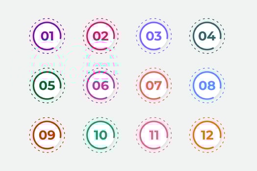 Bullet Points Numbers from One to Twelve vector