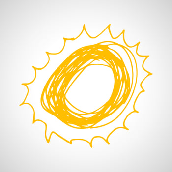 Hand drawn sun. Simple sketch sun. Solar symbol. Yellow doodle isolated on white background. Vector illustration.