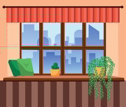 Flat style window with flowers, cat, pillows, curtains. View from the window, City and skyscraper, forest, trees, nature. vector