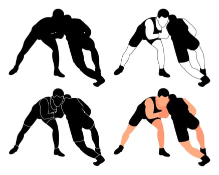 Set silhouettes athletes wrestlers in wrestling, duel, fight. Greco Roman, freestyle, classical wrestling. Martial art vector