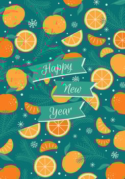Bright greeting card, Christmas , Happy New Year with festive Christmas decorative elements. Green background with Christmas tree branches, oranges and snowflakes. Vector illustration.