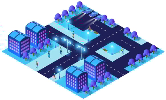 City future smart urban Isometric night lights architecture 3D illustration technology town street with a lot of building houses vector
