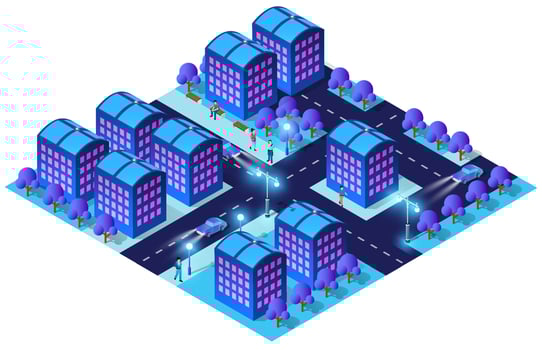 City future smart urban Isometric night lights architecture 3D illustration technology town street with a lot of building houses vector