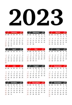 Calendar for 2023 isolated on a white background. Sunday to Monday, business template. Vector illustration