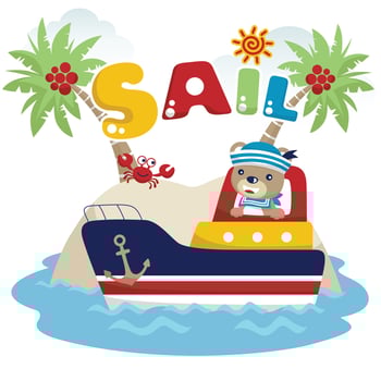 Vector illustration of cartoon bear in sailor costume on boat, little island background