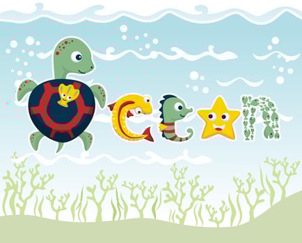 Vector illustration of marine animals cartoon form OCEAN word on blue water background