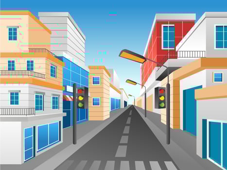 Isometric flat 3d concept illustration modern city street corner perspective background vector