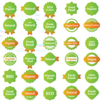 Labels and emblems organic, natural, healthy food, fresh and vegetarian food. Vector illustration.
