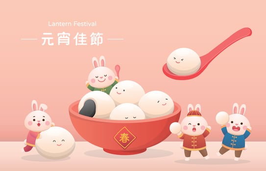 Cute rabbit character or mascot, Lantern Festival or Winter Solstice with glutinous rice balls, glutinous rice sweet food in Asia vector