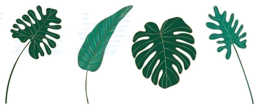 Set of luxury botanical leaves. Collection of tropical green foliage and gold lines. Design for elegant wedding invitation, cover, print, decoration, pattern, background template. Vector illustration.