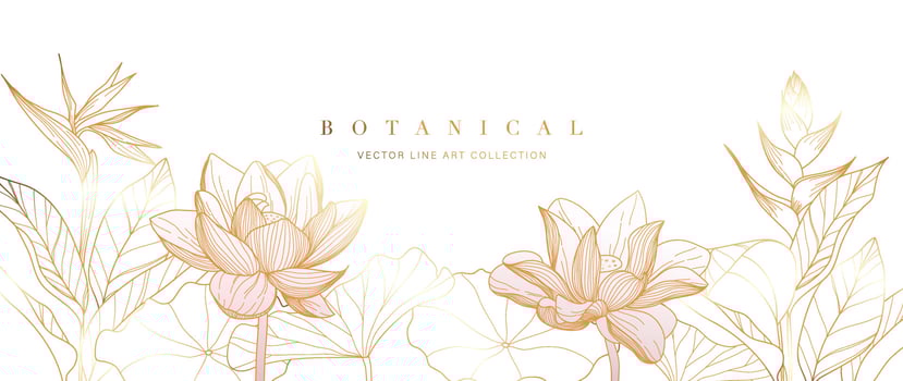 Luxury hand drawn botanical leaves line art background. Elegant  gradient gold lotus flowers line art, leaves and tropical foliage. Design for wedding invitation, cover, print, decoration, template. vector