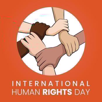 Design for celebration the Human Rights Day with different skin tone hands holding - stand up for human right theme. Web banner for social equality. vector
