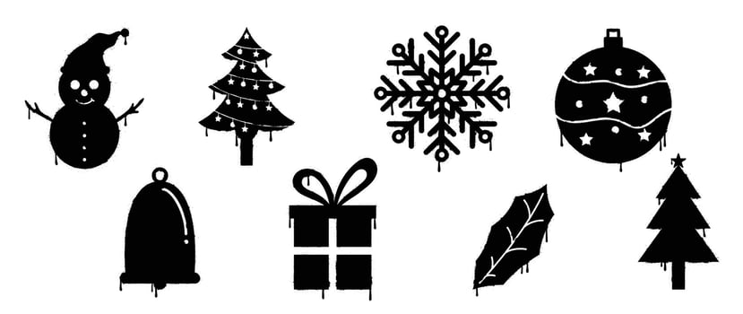 Set of black christmas elements spray paint vector. Graffiti, grunge,  silhouette elements of snowman, snowflake, bauble, tree on white background. Design illustration for decoration, card, sticker. vector