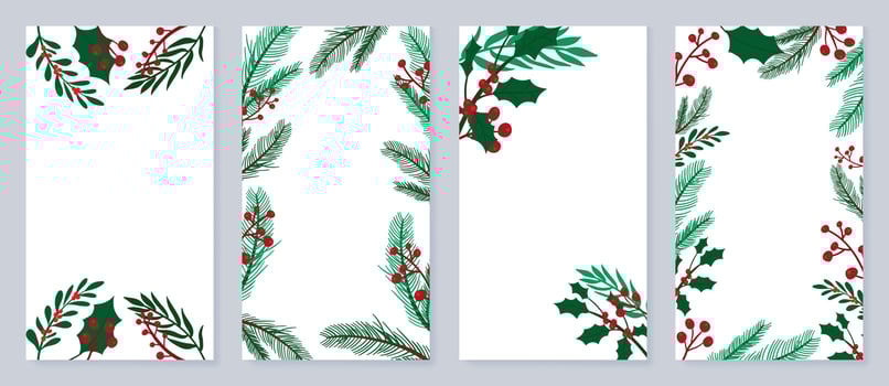 Set of christmas template poster. Decorative winter botanical leaves element frame of pine, holly, berry, mistletoe foliage. Design illustration for banner, card, social media, advertising, website. vector