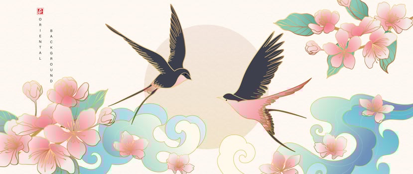 Luxury gold oriental style background vector. Chinese and Japanese wallpaper design of elegant swallow birds and cherry blossoms flowers with gradient gold line texture for decoration, wall decor. vector