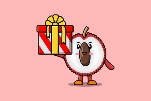 Cute cartoon Lychee character holding gift box vector