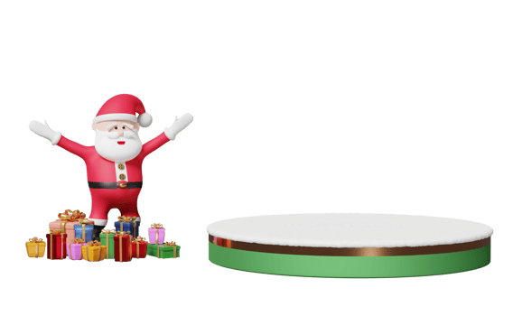 Santa claus with gift box, cylinder stage podium empty, snow isolated. website, poster or Happiness cards, festive New Year concept, 3d illustration or 3d render png