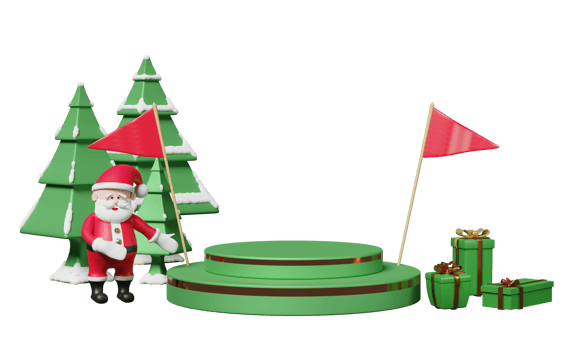 Santa claus with gift box, christmas tree, cylinder stage podium, space, flag isolated. website, poster or Happiness cards, festive New Year concept, 3d illustration or 3d render png