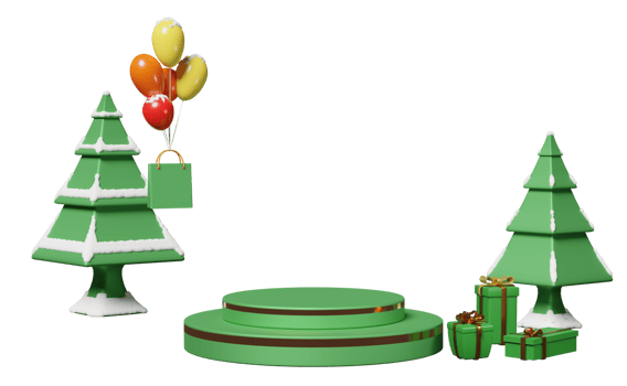 cylinder stage podium empty with gift box, christmas tree, space, shopping paper bags isolated. website, poster or Happiness cards, festive New Year concept, 3d illustration or 3d render png