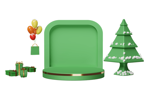 cylinder stage podium empty with gift box, christmas tree, space, shopping paper bags isolated. website, poster or Happiness cards, festive New Year concept, 3d illustration or 3d render png